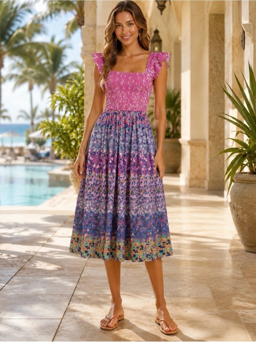 Caroline Constas Pink & Purple Printed Midi Dress